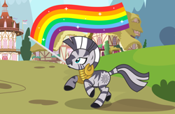Size: 3800x2500 | Tagged: safe, artist:oyks, character:zecora, species:zebra, bracelet, commission, cute, ear piercing, earring, female, gay pride flag, jewelry, lgbt, lgbt flag, lgbt headcanon, mouth hold, neck rings, piercing, pride, pride flag, pride month, rainbow flag, raised hoof, raised leg, running, solo, ych result, zecorable