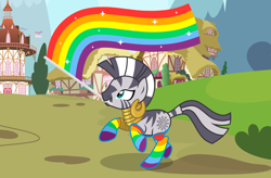 Size: 3800x2500 | Tagged: safe, alternate version, artist:oyks, character:zecora, species:zebra, bracelet, clothing, commission, cute, ear piercing, earring, female, gay pride flag, jewelry, lgbt, lgbt flag, lgbt headcanon, mouth hold, neck rings, piercing, pride, pride flag, pride month, rainbow flag, rainbow socks, raised hoof, raised leg, running, socks, solo, striped socks, ych result, zecorable