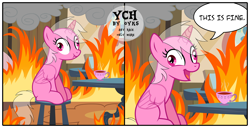Size: 2000x1026 | Tagged: safe, artist:oyks, species:pony, any race, commission, fire, meme, this is fine, vector, your character here