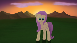 Size: 3840x2160 | Tagged: safe, artist:astralr, character:fluttershy, species:pegasus, species:pony, cloud, female, frog (hoof), grass, happy, looking at you, mare, mountain, solo, sunset, underhoof, waving