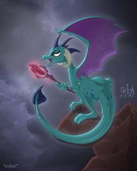 Size: 960x1200 | Tagged: safe, artist:sherwood, character:princess ember, species:dragon, bloodstone scepter, dragon lord ember, dragoness, female, roar, solo, wings
