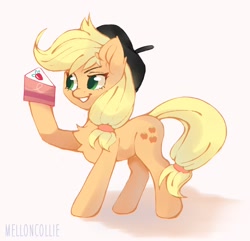 Size: 2158x2082 | Tagged: safe, artist:melloncollie-chan, character:applejack, species:earth pony, species:pony, episode:how applejack got her hat back, g4.5, my little pony: pony life, my little pony:pony life, spoiler:pony life s01e04, applejack's hat, cake, clothing, cowboy hat, female, food, g4.5 to g4, green eyes, hat, le jack, open mouth, redraw, simple background, solo, white background