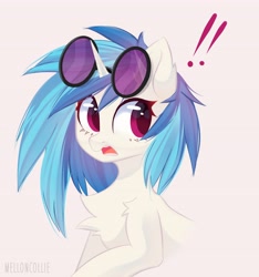 Size: 3828x4096 | Tagged: safe, artist:melloncollie-chan, character:dj pon-3, character:vinyl scratch, species:pony, species:unicorn, bust, chest fluff, female, open mouth, pink eyes, portrait, simple background, solo, surprised