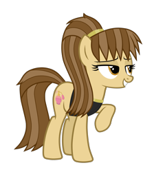 Size: 2652x2962 | Tagged: safe, artist:chomakony, oc, oc only, oc:shimmy aromel, species:earth pony, species:pony, bedroom eyes, brown mane, clothing, earth pony oc, female, lidded eyes, mare, perfume, ponytail, raised hoof, show accurate, simple background, smiling, solo, tail, transparent background