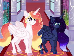 Size: 1400x1050 | Tagged: safe, artist:soren-the-owl, artist:themune, character:princess celestia, character:princess luna, species:alicorn, species:pony, alternate hairstyle, blushing, ethereal mane, eyeshadow, female, galaxy mane, makeup, mare, redesign, royal sisters, unshorn fetlocks