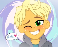 Size: 1280x1044 | Tagged: safe, artist:felux, character:ragamuffin, my little pony:equestria girls, blushing, clothing, cute, freckles, hello, male, one eye closed, ragabetes, ragamuffin (equestria girls), smiling, wink