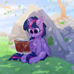 Size: 1500x1500 | Tagged: safe, artist:glazirka, character:twilight sparkle, character:twilight sparkle (alicorn), species:alicorn, species:pony, book, cheek fluff, chest fluff, female, glazirka is trying to murder us, glowing horn, horn, magic, mare, reading, rock, sitting, smiling, solo, telekinesis, tree