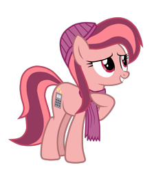 Size: 2652x2962 | Tagged: safe, artist:chomakony, oc, oc only, oc:lurright, species:earth pony, species:pony, beanie, calculator, clothing, earth pony oc, female, hat, mare, raised hoof, red eyes, scarf, show accurate, simple background, smiling, solo, transparent background
