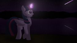 Size: 3840x2160 | Tagged: safe, artist:astralr, character:twilight sparkle, character:twilight sparkle (alicorn), species:alicorn, species:pony, female, lake, magic, meteor, mountain, night, reflection, solo, stars, walking