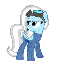 Size: 2652x2962 | Tagged: safe, artist:chomakony, oc, oc only, oc:raysteel, species:pegasus, species:pony, belt, catsuit, clothing, female, glasses, head turn, mare, pegasus oc, show accurate, simple background, skunk stripe, smiling, solo, transparent background, white hair, wings