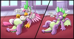 Size: 2048x1084 | Tagged: safe, artist:redflare500, character:spike, oc, oc:foxxy hooves, species:dragon, species:hippogriff, hippogriff oc, rubber, transformation, winged spike