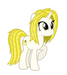 Size: 2652x2962 | Tagged: safe, artist:chomakony, oc, oc only, oc:gold tinsel, species:pony, species:unicorn, female, green eyes, horn, mare, one hoof raised, raised hoof, show accurate, simple background, smiling, solo, transparent background, unicorn oc