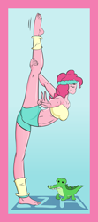 Size: 1200x2700 | Tagged: safe, artist:lzh, character:gummy, character:pinkie pie, my little pony:equestria girls, bandeau, barefoot, belly button, breasts, carpet, clothing, eyes closed, feet, female, flexible, gym uniform, midriff, peace sign, stretching, sweatband, yoga