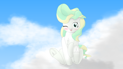 Size: 3840x2160 | Tagged: safe, artist:astralr, character:vapor trail, species:pegasus, species:pony, g4, blep, blushing, cloud, cute, female, frog (hoof), hooves, looking at you, mare, one eye closed, sitting, sky, solo, tongue out, underhoof, vaporbetes