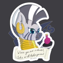 Size: 2000x2000 | Tagged: safe, artist:exobass, character:zecora, species:zebra, ear piercing, earring, gray background, jewelry, piercing, potion, simple background, sticker, white outline