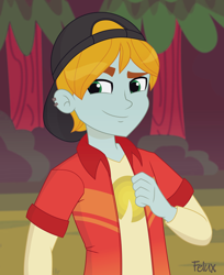 Size: 3134x3840 | Tagged: safe, artist:felux, my little pony:equestria girls, alternate clothes, clothing, fry lilac, hat, male, piercing, show accurate, smiling, smirk, solo