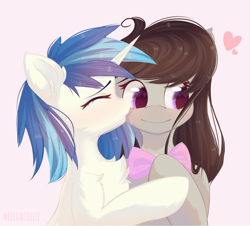 Size: 4325x3902 | Tagged: safe, artist:melloncollie-chan, character:dj pon-3, character:octavia melody, character:vinyl scratch, species:earth pony, species:pony, species:unicorn, ship:scratchtavia, blushing, bow, cute, female, hug, kiss on the cheek, kissing, lesbian, shipping, simple background, smiling