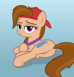 Size: 2452x2562 | Tagged: safe, artist:chomakony, oc, oc only, oc:kiranne spell, species:earth pony, species:pony, bedroom eyes, butt, cap, clothing, crossed hooves, earth pony oc, featureless crotch, female, gradient background, hat, lidded eyes, looking at you, lying down, mare, plot, show accurate, simple background, smiling, solo
