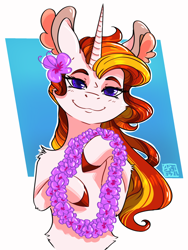 Size: 1536x2048 | Tagged: safe, artist:artfestation, oc, oc only, species:pony, species:unicorn, bust, colored hooves, ear fluff, floral head wreath, flower, flower in hair, horn, smiling, unicorn oc