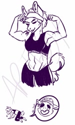 Size: 614x1024 | Tagged: dead source, safe, artist:artfestation, oc, oc only, species:anthro, species:earth pony, species:pony, abs, biceps, clothing, comic, earth pony oc, eyes closed, female, flexing, headband, limited palette, muscles, muscular female, shorts, tired