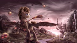 Size: 3974x2246 | Tagged: safe, artist:rysunkowasucharia, character:doctor whooves, character:time turner, species:earth pony, species:pony, artificial wings, augmented, canterlot, canterlot castle, clothing, fourth doctor's scarf, mechanical wing, parasprite, raised hoof, robot, scarf, wings