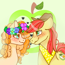 Size: 768x768 | Tagged: safe, artist:valkiria, character:bright mac, character:pear butter, ship:brightbutter, blushing, female, floral head wreath, flower, heart, looking at each other, love, male, shipping, smiling, straight