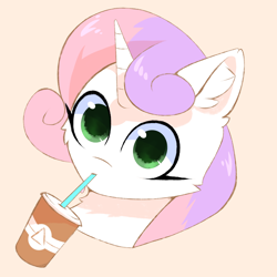 Size: 1500x1500 | Tagged: safe, artist:glazirka, character:sweetie belle, species:pony, species:unicorn, bust, cheek fluff, disembodied head, drink, drinking, ear fluff, female, looking at you, simple background, solo, straw