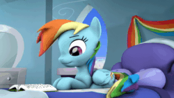 Size: 1920x1080 | Tagged: safe, artist:rainyvisualz, character:rainbow dash, character:twilight sparkle, 3d, :3, animated, bed, book, cookie, descriptive noise, female, food, horse noises, messy mane, sfm pony, shaky cam, sound, source filmmaker, webm, youtube link