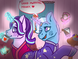 Size: 1024x768 | Tagged: safe, artist:valkiria, character:starlight glimmer, character:trixie, species:pony, species:unicorn, ship:startrix, coffee, female, happy, heart, jewelry, lesbian, looking at each other, love, magic, ring, shipping