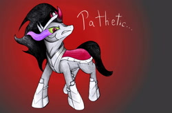 Size: 3506x2296 | Tagged: safe, alternate version, artist:backgrounds-ponies, character:king sombra, commission, looking at you, red background, simple background, text, traditional art