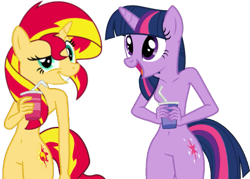 Size: 635x455 | Tagged: safe, artist:supersamyoshi, character:sunset shimmer, character:twilight sparkle, species:anthro, casual nudity, cursed image, duo, not salmon, nudity, simple background, transparent background, wat