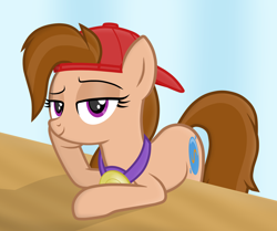 Size: 2352x1962 | Tagged: safe, artist:chomakony, oc, oc only, oc:kiranne spell, species:earth pony, species:pony, bedroom eyes, cap, clothing, earth pony oc, female, gradient background, hat, hoof on cheek, hooves on the table, jewelry, lidded eyes, looking at you, mare, necklace, on table, show accurate, simple background, smiling, solo, table