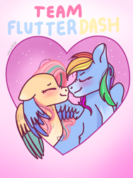 Size: 768x1024 | Tagged: safe, artist:valkiria, character:fluttershy, character:rainbow dash, species:pegasus, species:pony, ship:flutterdash, blushing, eyes closed, female, floppy ears, heart, lesbian, love, shipping, shy, simple background, smiling, wings