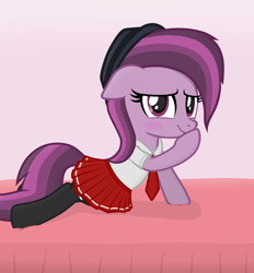 Size: 2652x2862 | Tagged: safe, artist:chomakony, oc, oc only, oc:ruby geminis, species:earth pony, species:pony, bed, blushing, clothing, earth pony oc, female, floppy ears, hat, hoof in mouth, looking at you, lying down, mare, on bed, raised hoof, show accurate, shy, simple background, skirt, smiling, socks, solo