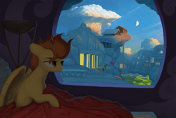 Size: 1350x900 | Tagged: safe, artist:redruin01, character:spitfire, species:pegasus, species:pony, bed, bedroom, blanket, cloud, cloudsdale, commission, female, mare, moon, morning ponies, painting, rainbow, sky, smiling, solo focus, sunrise, window