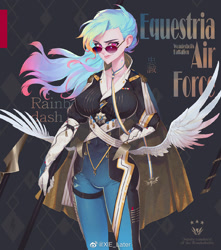 Size: 1080x1222 | Tagged: safe, artist:xxiee, character:rainbow dash, species:human, alternative cutie mark placement, clothing, female, humanized, medal, solo, sunglasses, uniform, winged humanization, wings, wonderbolts uniform