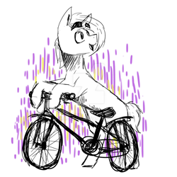 Size: 1280x1280 | Tagged: safe, artist:madkadd, oc, oc only, species:pony, species:unicorn, bicycle, bipedal, deviantart watermark, horn, looking back, obtrusive watermark, open mouth, sketch, smiling, solo, unicorn oc, watermark