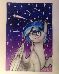 Size: 768x960 | Tagged: safe, artist:madkadd, oc, oc only, species:pegasus, species:pony, blushing, looking back, night, pegasus oc, raised hoof, shooting star, signature, smiling, solo, stars, wings