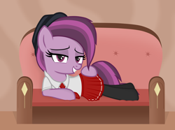 Size: 3452x2562 | Tagged: safe, artist:chomakony, oc, oc only, oc:ruby geminis, species:earth pony, species:pony, bedroom eyes, clothing, couch, earth pony oc, female, hat, hoof on hip, lidded eyes, looking at you, lying down, mare, show accurate, skirt, smiling, socks, solo