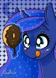 Size: 4133x5787 | Tagged: safe, artist:madkadd, character:princess luna, species:alicorn, species:pony, absurd resolution, blushing, bust, cute, donut, ethereal mane, eyebrows, female, food, galaxy mane, glowing horn, horn, hungry, licking, licking lips, lunabetes, magic, mare, polka dot background, signature, simple background, solo, telekinesis, tongue out
