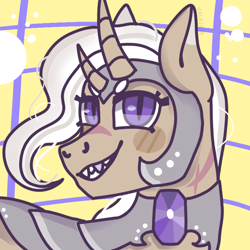 Size: 768x768 | Tagged: safe, artist:valkiria, oc, oc only, species:pony, species:unicorn, armor, fangs, gem, jewelry, looking at you, scar, smiling at you, white mane