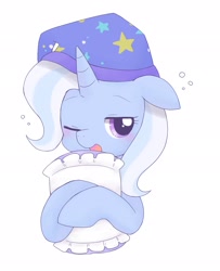 Size: 1667x2048 | Tagged: safe, artist:ginmaruxx, character:trixie, species:pony, species:unicorn, clothing, cute, diatrixes, digital art, female, floppy ears, hat, one eye closed, pillow, simple background, sleepy, solo, trixie's hat, white background