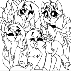 Size: 719x721 | Tagged: safe, artist:madkadd, oc, oc only, species:deer, species:earth pony, species:pegasus, species:pony, antlers, bow, choker, cloven hooves, earth pony oc, flying, grin, group, hair bow, lineart, monochrome, one eye closed, open mouth, original species, pegasus oc, raised hoof, sitting, smiling, wings, wink