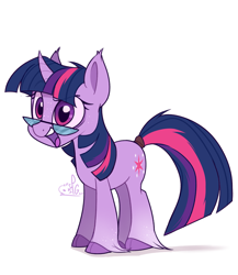 Size: 2000x2300 | Tagged: safe, artist:lilpinkghost, character:twilight sparkle, character:twilight sparkle (unicorn), species:pony, species:unicorn, g4, cloven hooves, curved horn, cute, dappled, ear fluff, ear tufts, emala jiss challenge, female, freckles, glasses, horn, looking at you, mare, open mouth, raised eyebrow, simple background, smiling, smirk, solo, tail wrap, twiabetes, unshorn fetlocks, white background