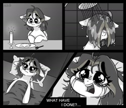 Size: 1400x1200 | Tagged: safe, artist:madkadd, oc, oc only, species:pegasus, species:pony, bed, blanket, candle, comic, crying, depressed, food, grayscale, hair over eyes, monochrome, open mouth, pegasus oc, pillow, plate, sad, shower, talking, wings