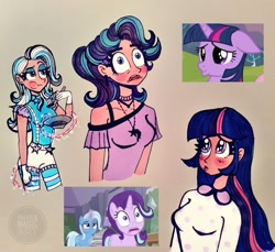 Size: 2087x1915 | Tagged: safe, artist:valeriamagicart, character:starlight glimmer, character:trixie, character:twilight sparkle, character:twilight sparkle (alicorn), species:alicorn, species:human, species:pony, species:unicorn, g4, blushing, clothing, cute, ear piercing, earring, eating, gloves, glowing hands, humanized, jewelry, magic, necklace, open mouth, piercing, scene interpretation, screencap reference, spoon, telekinesis, traditional art, twiabetes