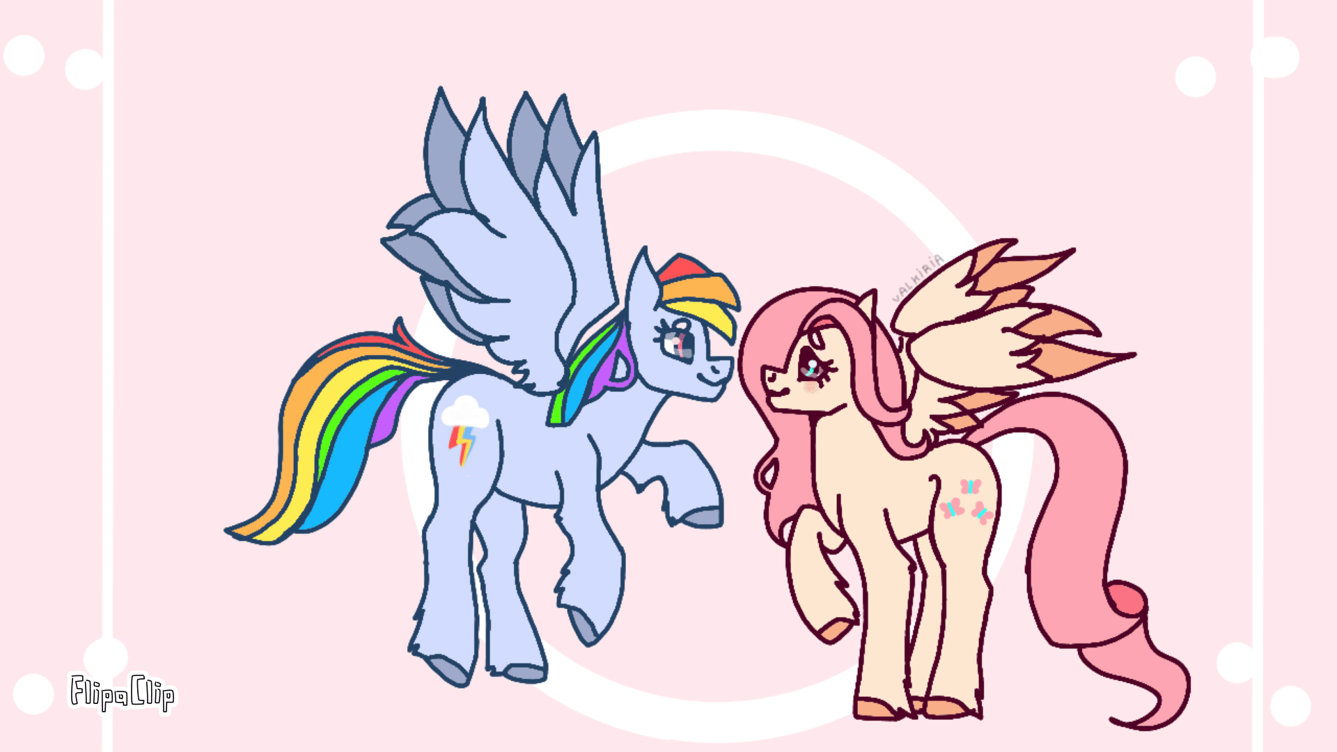 Size: 1920x1080 | Tagged: safe, artist:valkiria, character:fluttershy, character:rainbow dash, species:pegasus, species:pony, ship:flutterdash, g4, animated, blushing, boop, female, flying, heart, lesbian, looking at each other, love, noseboop, shipping, shy, smiling