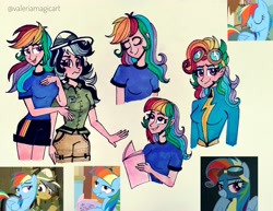 Size: 3800x2941 | Tagged: safe, artist:valeriamagicart, character:daring do, character:rainbow dash, species:human, species:pegasus, species:pony, g4, alternate hairstyle, book, hair swap, humanized, screencap reference, traditional art