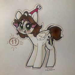 Size: 2048x2048 | Tagged: safe, artist:madkadd, oc, oc only, species:pegasus, species:pony, g4, :d, blush sticker, blushing, clothing, female, hat, mare, open mouth, party hat, pegasus oc, signature, smiling, solo, traditional art, wings