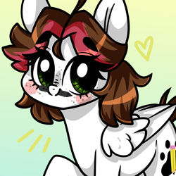 Size: 800x800 | Tagged: safe, artist:madkadd, oc, oc only, species:pegasus, species:pony, g4, blush sticker, blushing, eyelashes, female, freckles, gradient background, mare, mouth hold, pegasus oc, solo, stylus, wings
